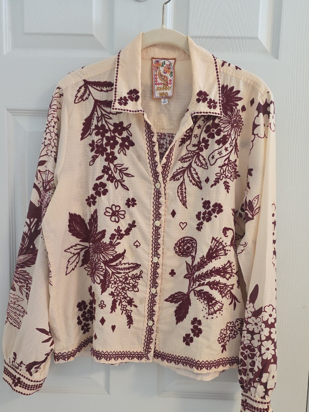 Johnny Was Cream Blouse with Maroon Floral Embroidery